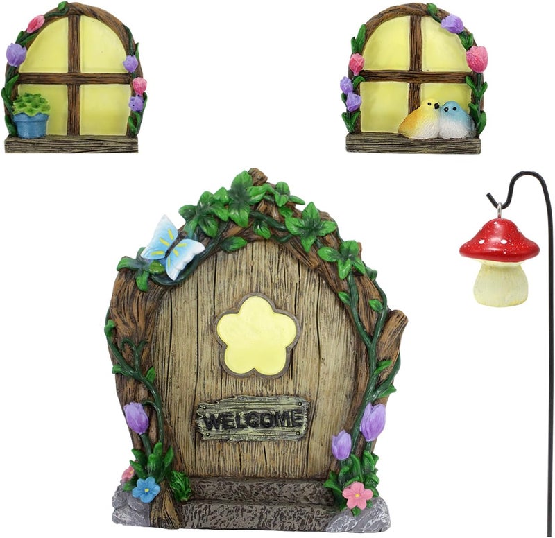 IMOFEE Fairy Door and Windows Garden Kit Accessories Outdoor, Glow in Dark Gnome House for Tree, Lawn Yard Art Sculpture, Miniature Garden Decor (Butterfly) - Image 1